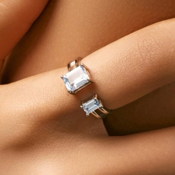 925 Silver Emerald Cut CZ Ring Stone Light Blue Cuff Ring Modern Sz 6 - 9 - Picture 2 of 6